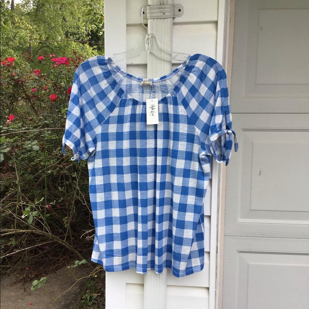 NWT Style & Co. Cute Royal Blue White Gingham Check Tie Short Sleeve